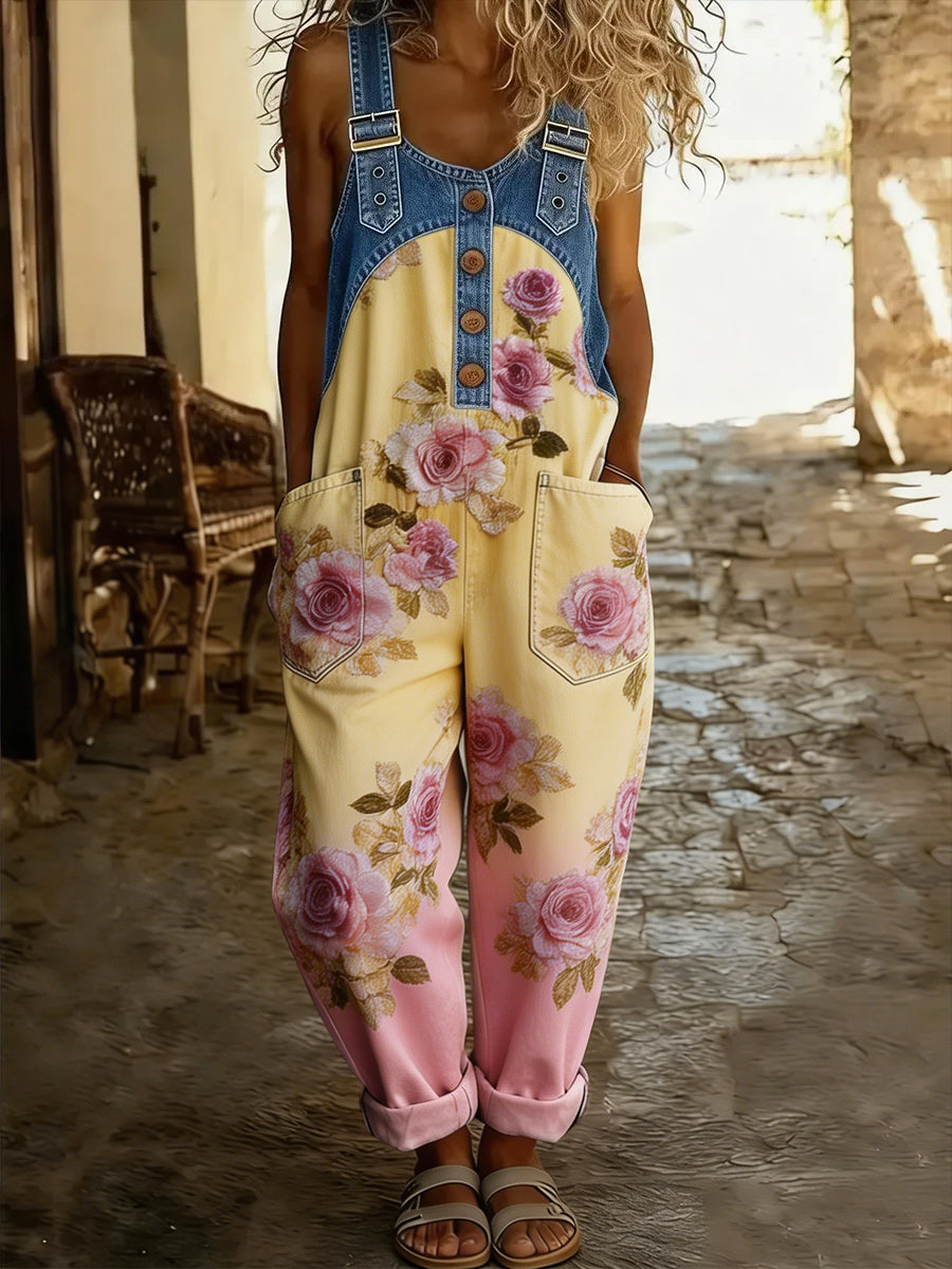 Women's Retro Style Art Print Washed Cotton Denim Patchwork Jumpsuit